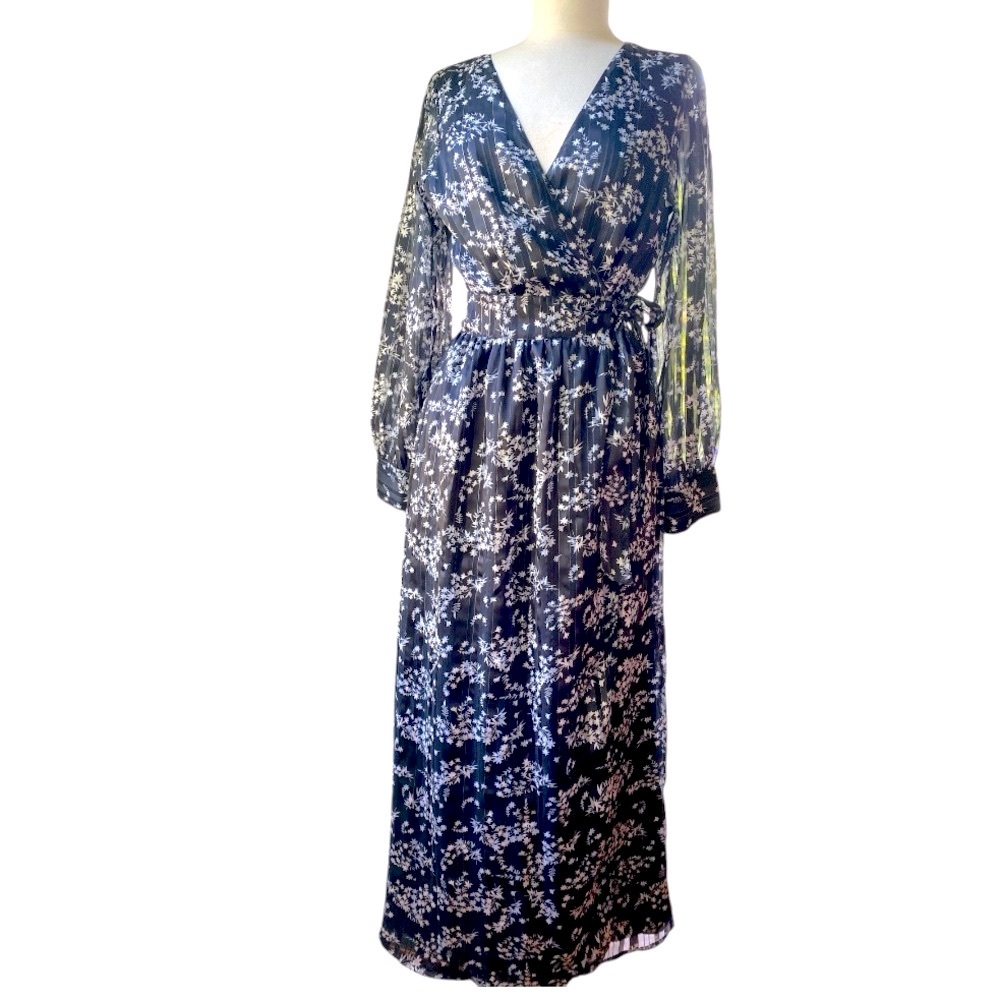 Ciebon maxi dress black white mini floral, long sleeves, size large